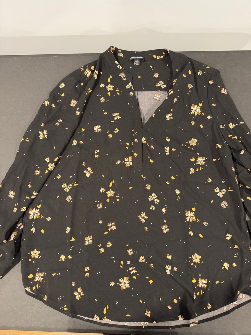 Hilary Radley Black Floral Split-Neck Blouse